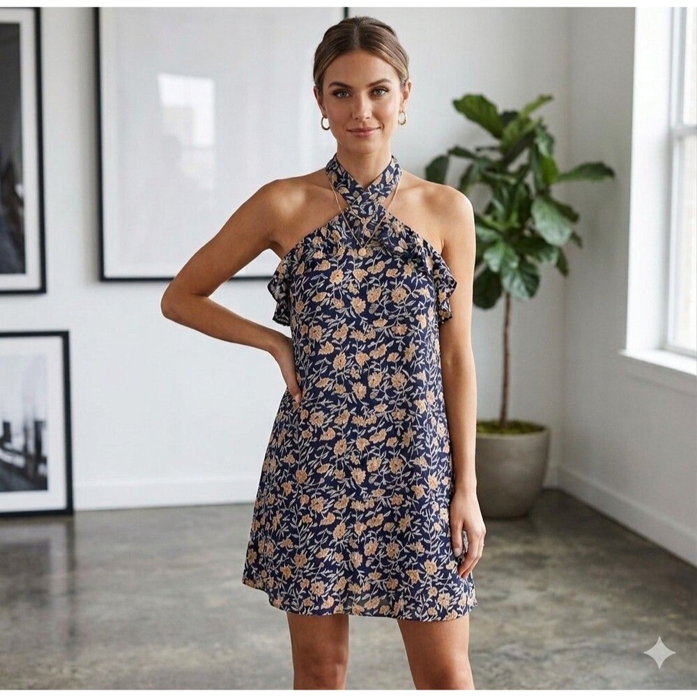 Francesca's Women's Blue & Yellow Sunflower Halter Mini Dress Size Large - Picture 1 of 3